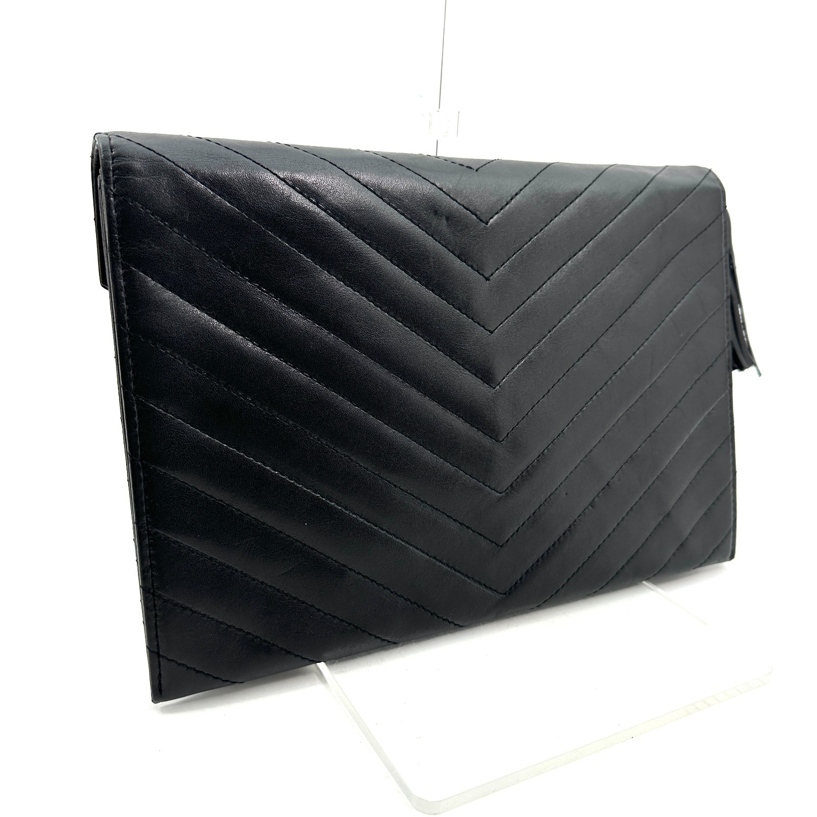 Yves Saint Laurent Clutch Bag Magnet YSL Leather V-stitch Black Authentic