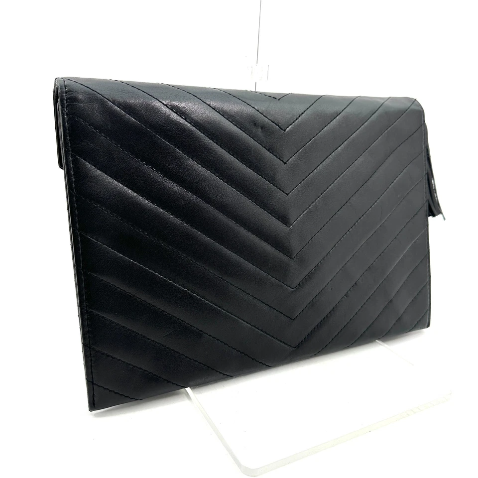Yves Saint Laurent Clutch Bag Magnet YSL Leather V-stitch Black Authentic - Image 3 of 4