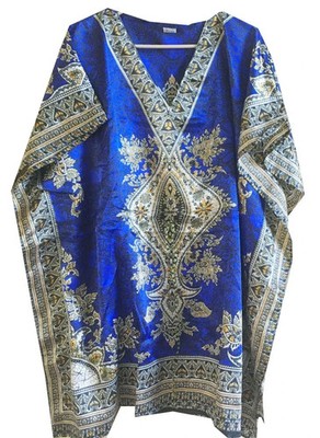 Womens Satin Short Kaftan Dress Blue African Print Lounge Wear One Size 35''