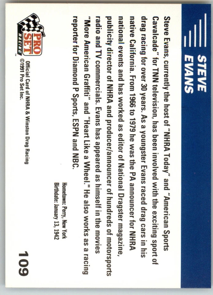 Steve Evans - 1991 Pro Set NHRA - #109 - Racing - Image 2 of 2
