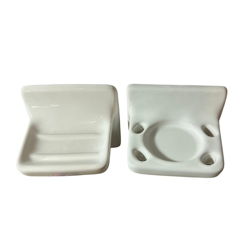 Ceramic Soap Dish & Toothbrush Cup Holder Tile Wall Mount VTG 60s White Bathroom - Picture 2 of 5