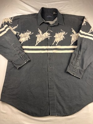 VTG Roper Shirt Western Bull Riding Pearl Snap Lng Sleeve Cowboy Rodeo Black 2XL