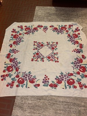 Vintage 50s Fruit Pattern Kitchy Cotton 45  X 50 Tablecloth