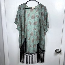 Womens Paisley Kimono Duster Size M Fringe Teal Pink Made in USA Boho Festival