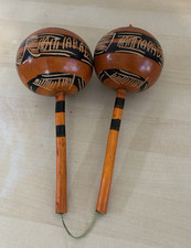 Vintage Pair Haitian Maracas Hand Painted Wood Rumba Shakers Haiti
