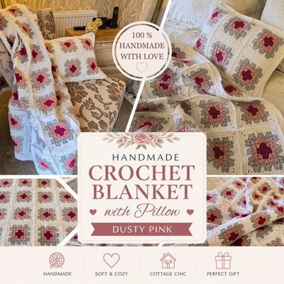 Altrosa Häkeldecke Set mit Kissen Handarbeit Granny Square Überwurf