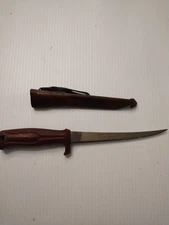 Vintage NORMARK Stainless Steel Fillet Knife w Leather Case. SWEDEN.