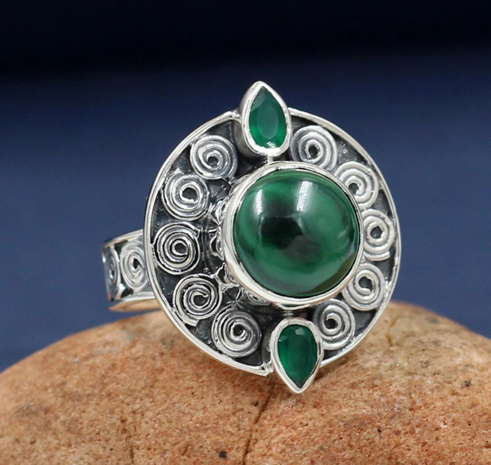 Anello in malachite onice verde misura 7,5 fine argento 925 ossidato... - Immagine 4 di 4