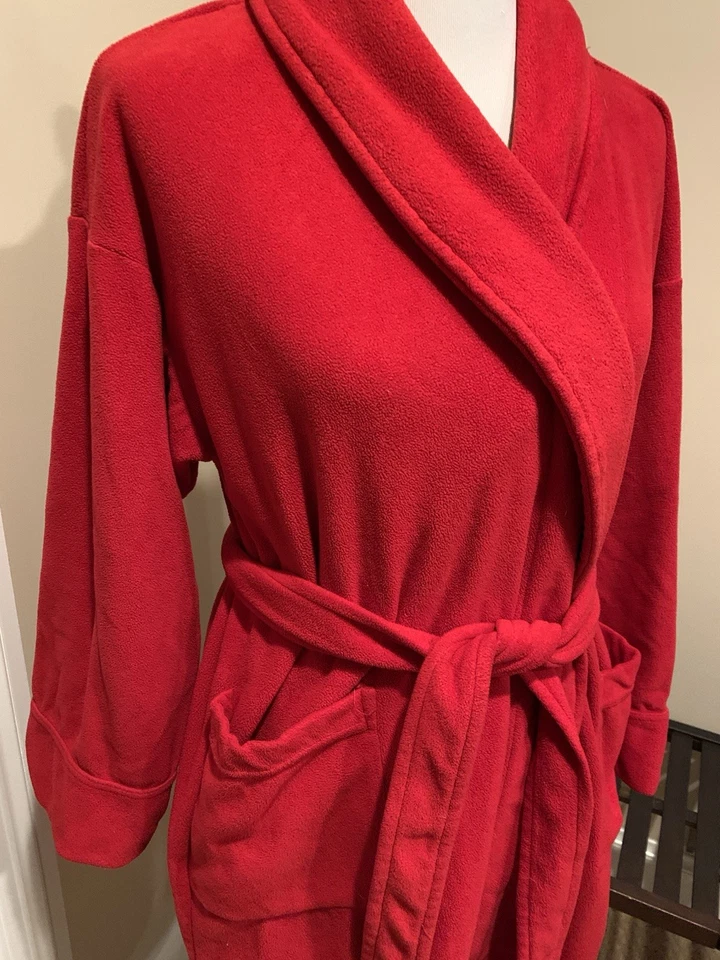 Josie Bathrobe Red Fleece Warm Cozy Pockets Medium M inside out soft - Image 2 of 4