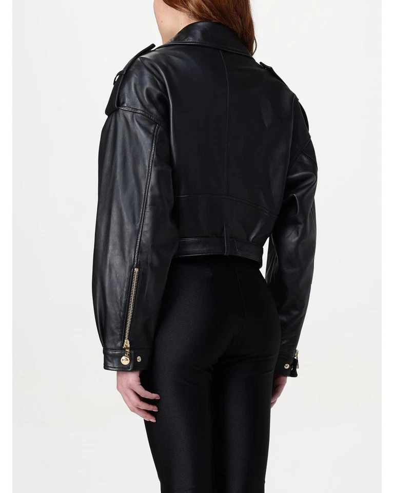 Just Cavalli Cropped Leather Biker Jacket Women Black - Image 3 of 4