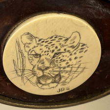 Vintage Barlow 1978 Brass authentic Scrimshaw and leather Buckle signed