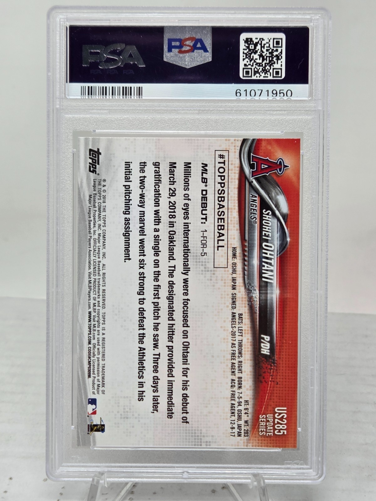 2018 Topps Update Dodgers Star ~ SHOHEI OHTANI Rookie RC Card PSA 10 GEM MINT view 2