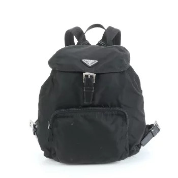 Prada Tessuto nylon backpack triangle logo leather black | eBay