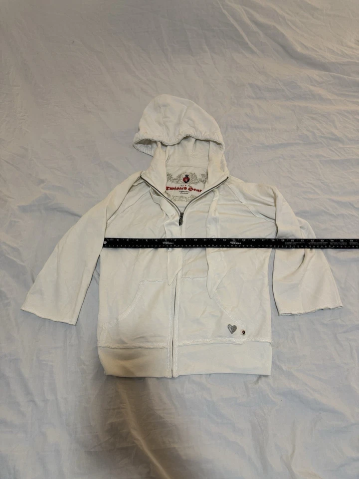 Twisted Heart Hoodie Womens White Velour  Sequin Trim Heart Zipper Medium 169 - Image 4 of 4