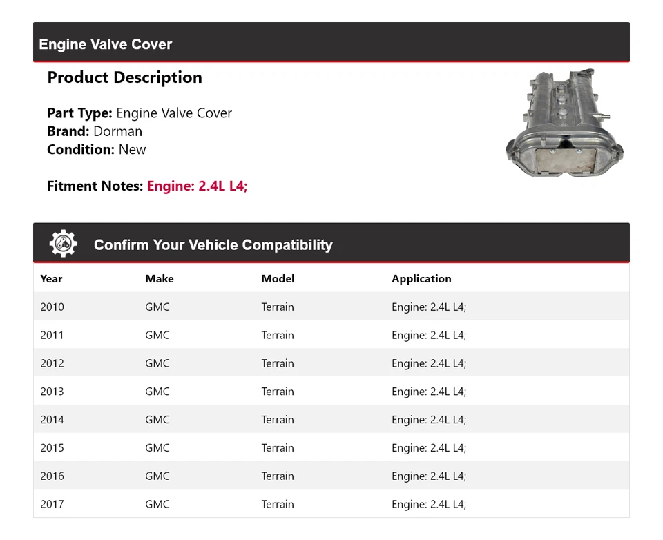 Cubierta de válvula de motor Dorman L4 2,4 L GMC Terrain 2010-2017 2011 2012 2013 2014 Foto 2 de 4