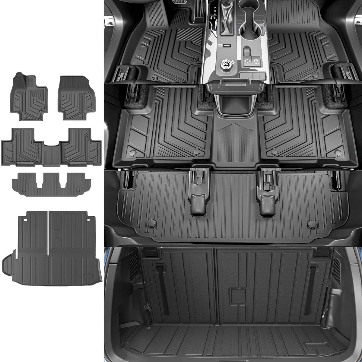 3W Floor Mats &Cargo Liner &Seat Back Mats Fit for Toyota Grand Highlander 2024 2025 2026 7 Seat(Include Hybrid), with Subwoofer Trunk Mat, TPE All Weather Full Set Black(Not for Hybrid MAX
