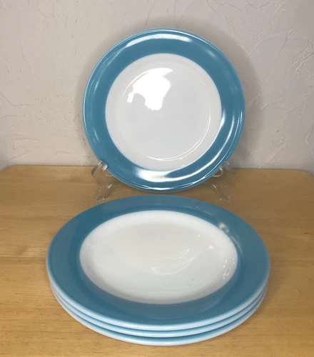 Set of 4 -  Vtg Pyrex SALAD PLATE Blue Turquoise 8" Aqua Edge Milk Glass USA