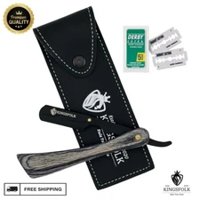 NEW GREY WOODEN STRAIGHT EDGE BARBER RAZOR CUT THROAT SALON SHAVETTE + 5 BLADES