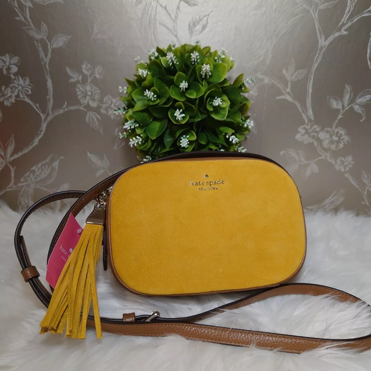 Kate Spade Kourtney Suede Leather Yellow Multi Camera Bag Tassel