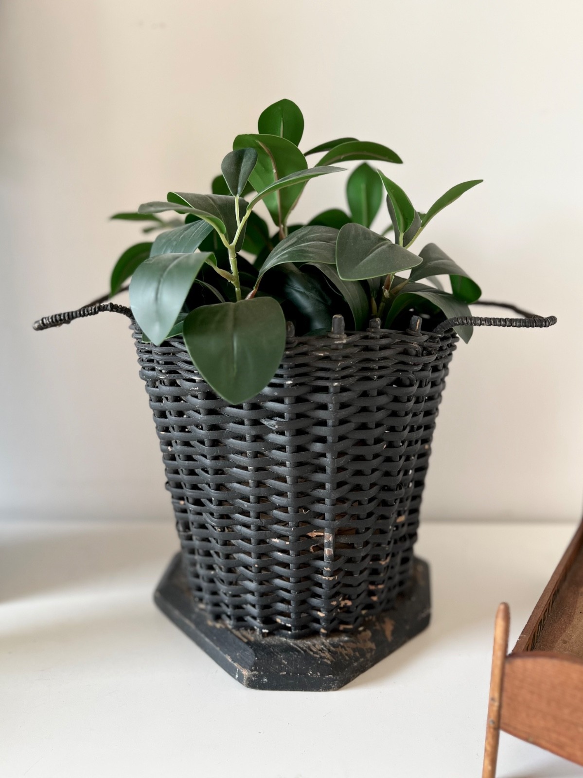 Antique Funeral Flower Basket Black Painted Wicker Woven Mourning Display