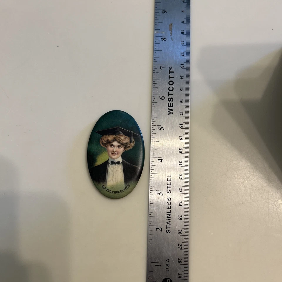 Espejo de bolsillo publicitario victoriano celuloide antiguo Oxford chocolates Hazen Foto 3 de 4