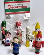 Vintage 1980s, Wooden Christmas Tree Ornaments Lot of 7 Painted Decor