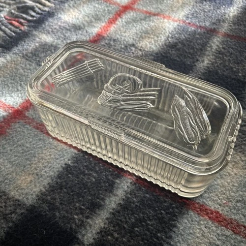 Vintage Federal Glass Clear Ribbed Rectangular Refrigerator Dish/Lid Vegtables