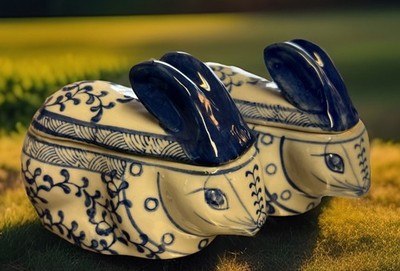 Set Of 2 Vintage Rabbit Shaped Ceramic Trinket Boxes, Blue & White Hand Painted