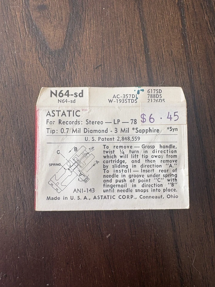 NEW IN BOX PHONOGRAPH NEEDLE TURNTABLE STYLUS for Astatic N58-SD N56-SD 163-DS73 - Image 2 of 2