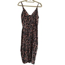 SHEIN Midi Slip Dress Womens Large Black Pink Floral V-Neck Slit Summer Boho