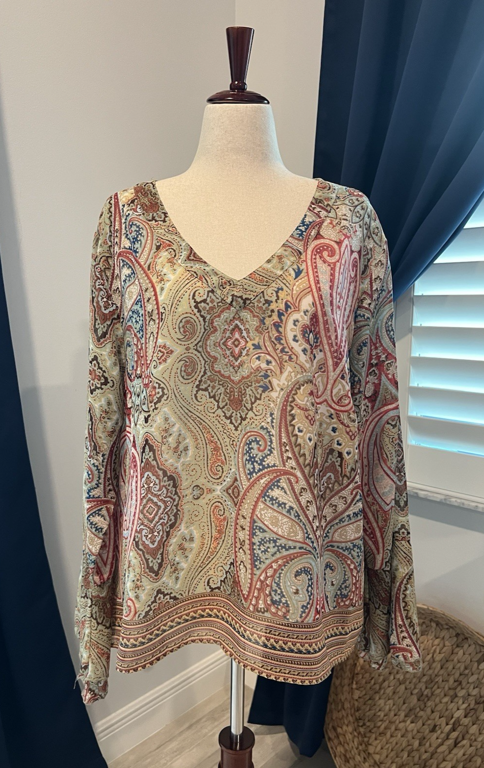 DGNY 100% COTTON BLOUSE Bell Sleeve Casual Office Boho Paisley 3X