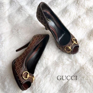 Escarpins GUCCI Horsebit clous cuir taille 35,5 marron bout ouvert talon haut