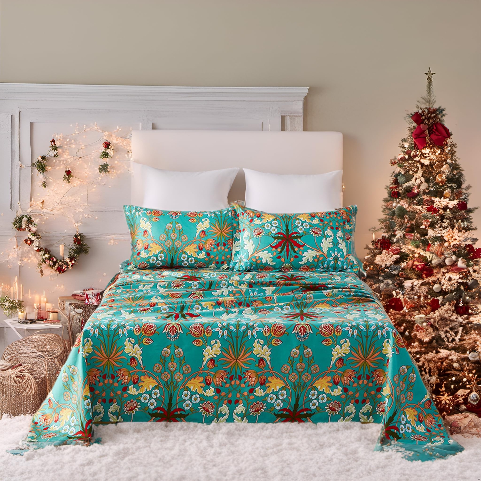 Teal Blue Floral Bed Sheets Queen, Bohemian Luxury Pattern Bedding with Botan...