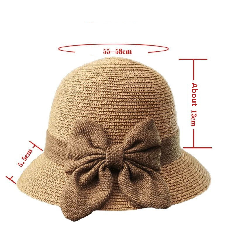 Women Japanese Straw Bucket Hat Sun Dome Bowknot Fisherman