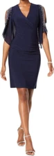 MSK Women Blue Navy Stretch Embellished Cold Shoulder Sheer Bell Sleeve Size - M