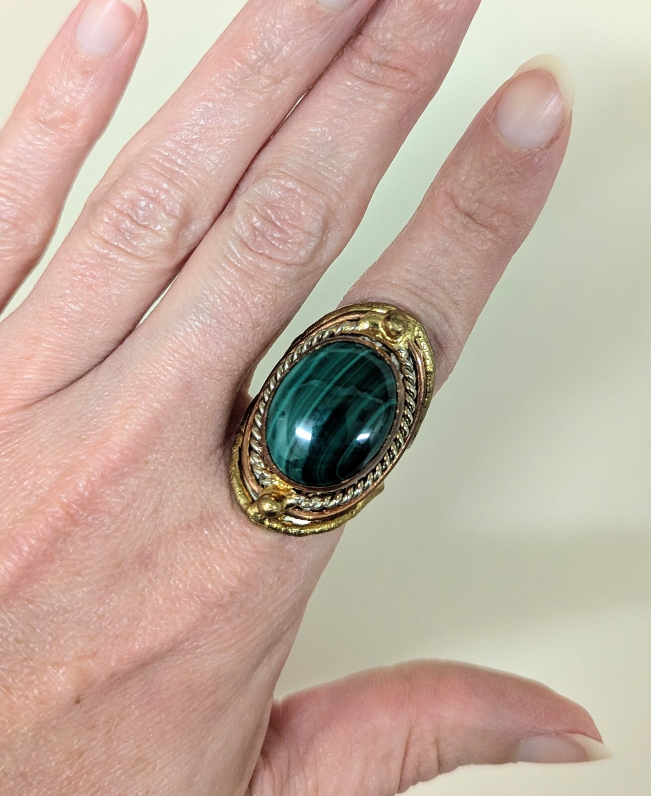 Malachite Ring Adjustable Brutalist Artisan Silve… - image 3