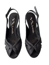 NINA Black Satin Evening Shoes Dress Heels Open Toe Slingback Shoes Size 7.5 M