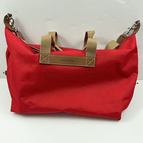 LANCEL FRANCE Red Beige Canvas & Leather Duffle Weekend Bag XL Tote 27”
