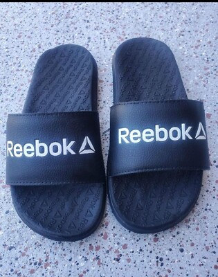 SIZE YOUTH 3 Reebok Slip-On Slides Sandals Pool Shoes , Black White Letters