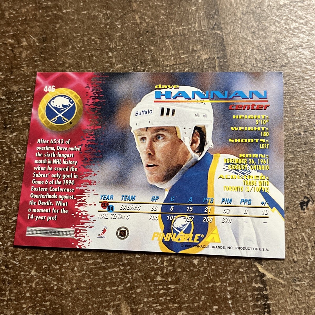 1994-95 Pinnacle Buffalo Sabres Hockey Card #446 Dave Hannan | eBay