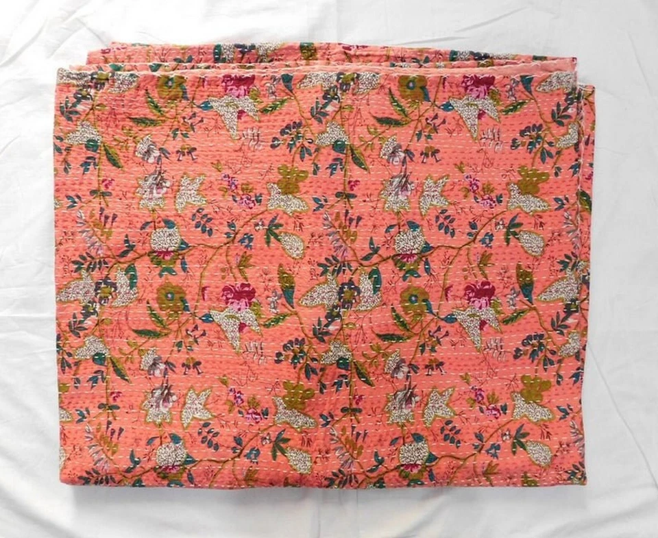 Indian Vintage King Size Kantha Quilt Bedspread 100%Cotton Bedding Throw Blanket - Image 2 of 4