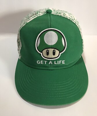 Super Mario Bros L/XL Get A Life With Characters Hat Green And White Stretch Fit