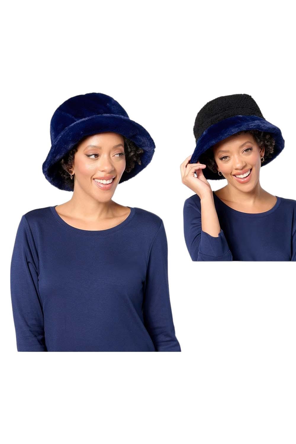 Двусторонняя шапка-панама из искусственного меха и шерпа с веточками синего/черного цвета