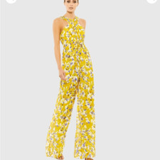 Mac Duggal Yellow Floral Crossed Halter Wide Leg Jumpsuit  Size 14