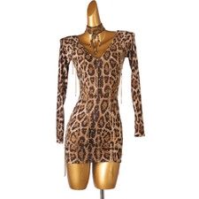 Leopard Tassel Latin Dance Dress Adult Mesh Ballroom Stage Peformance Dancewear