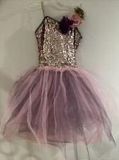 Child Large dance Long tutu, Gold Pink Sequin Bodice, Pink Plum Tulle, Gr Trim