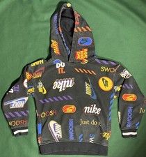 Nike Youth Pullover Hoodie Black Nike Logos All Over Print Sz 6 5-6 Years EUC