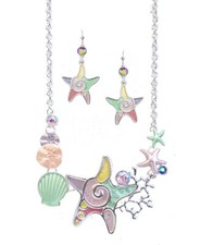Sealife Theme Multi Starfish Link Pendant Statement Necklace and Earrings Set