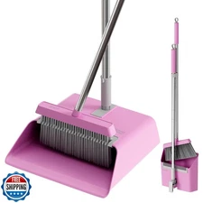 JOYMOOP Pink Broom and Dustpan Set with 56” Handle, Upright Angle with Built-