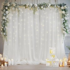 10 10ft White Tulle Backdrop Curtain with Lights String for Parites, Sheer